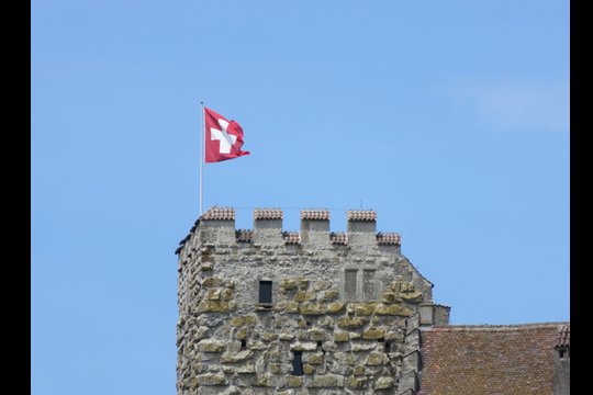 Canon Powershot SX700 HS: 30x Zoom auf die Schweizerfahne auf dem Schloss